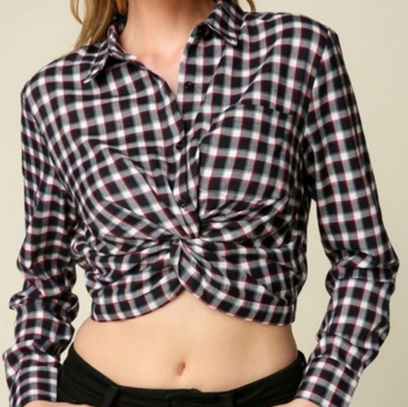 Lumiere cropped front twist button-up cotton long sleeve checkered top - Picture 11 of 12